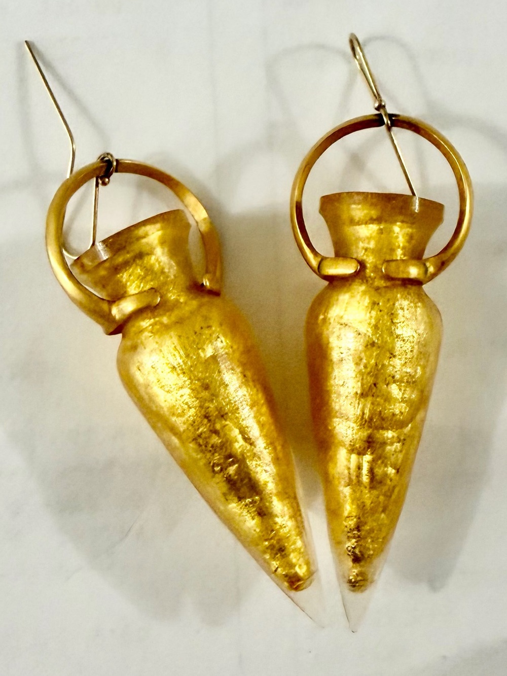Vintage Gold Textured Cone Drop Hoop Earrings - Picture 2 of 2